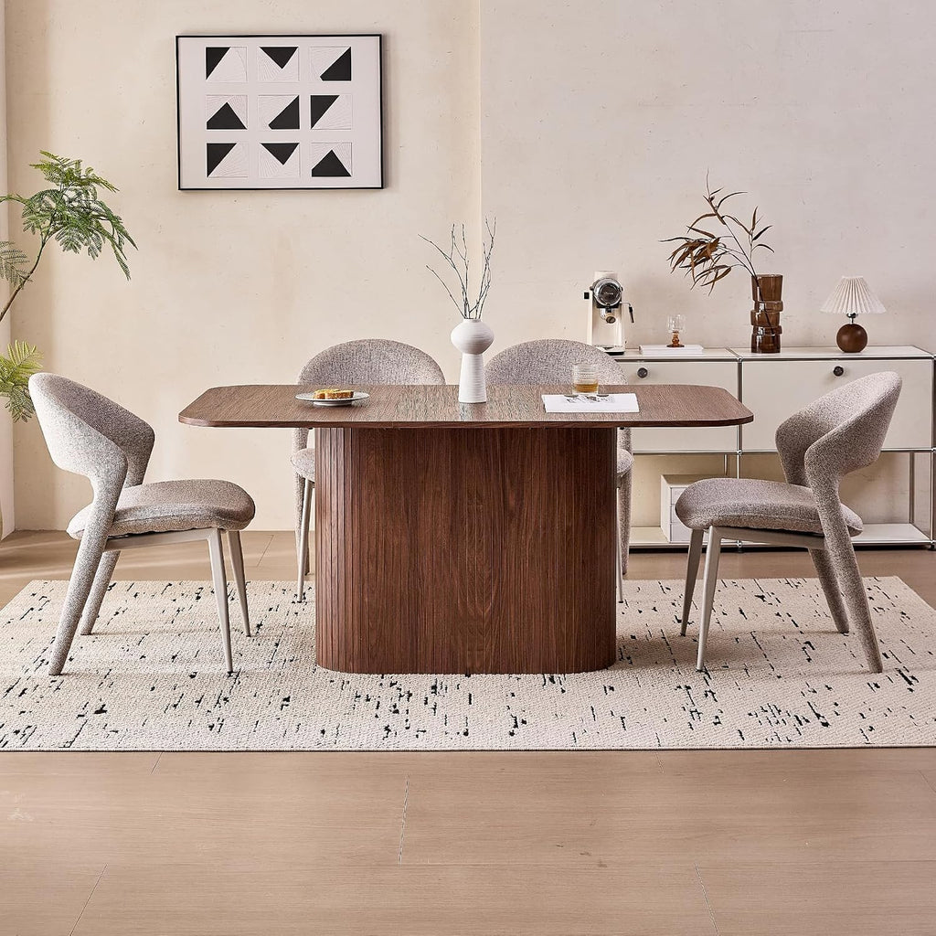 63" Large Dining Table for 4 6, [Rounded Corners] [Grooved Pedestal Base] Modern Rectangle Kitchen Dinner Dining Living Room Table