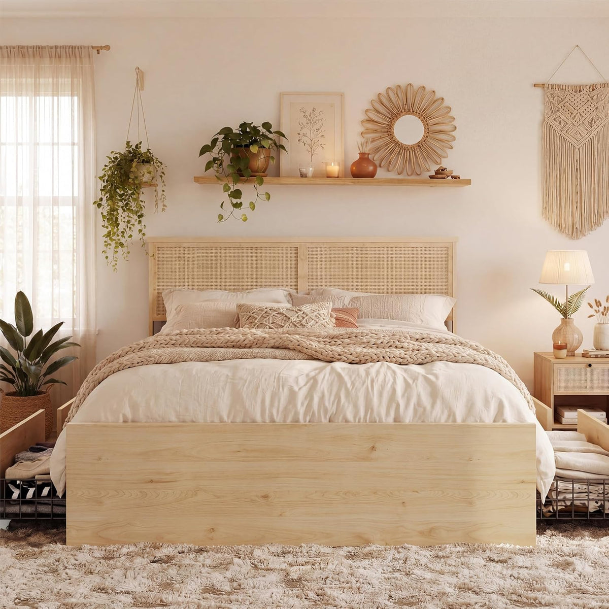 Brafab Natural Rattan King Bed Frame with Headboard, 4 Storage Drawers