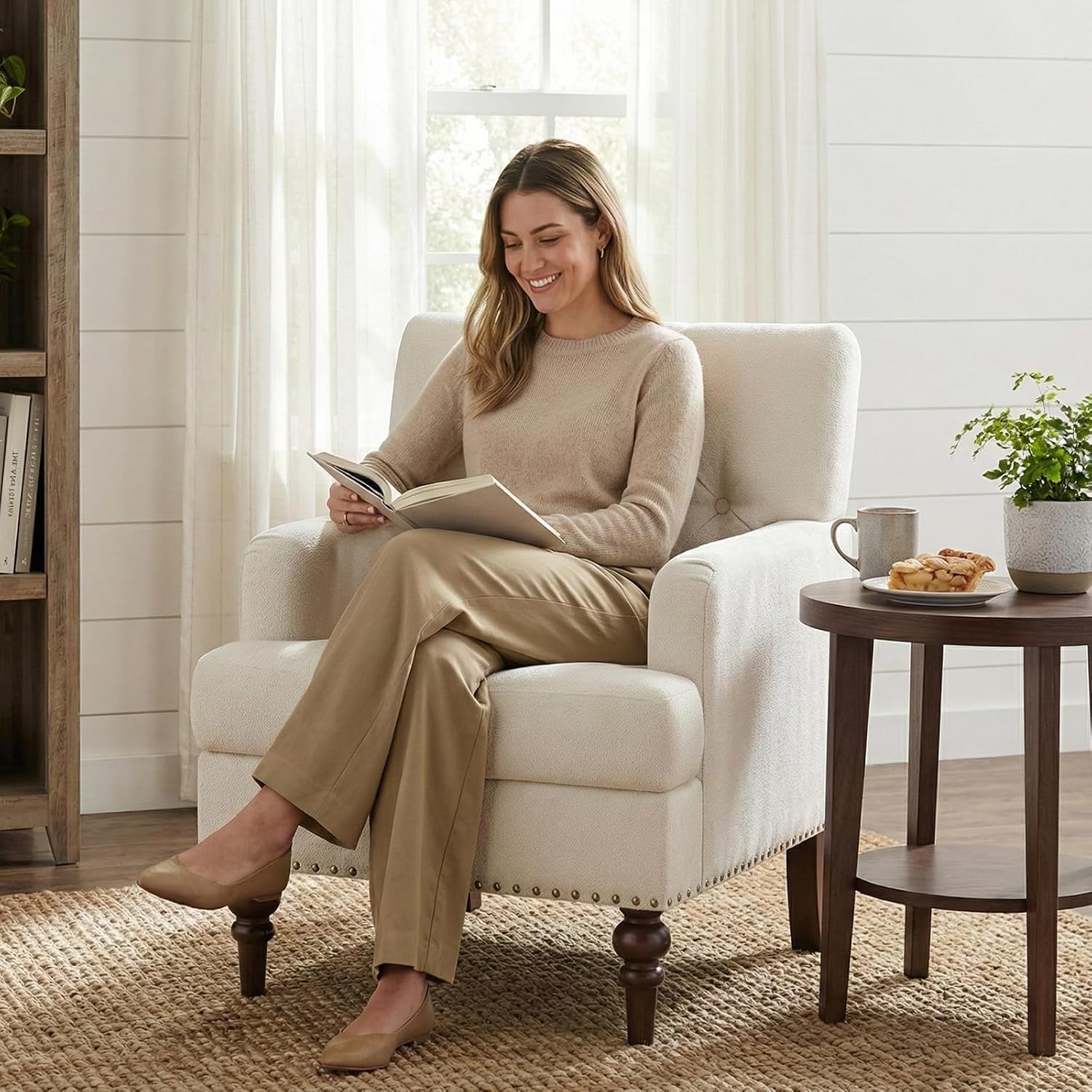 MALOL Modern Accent Chairs Set of 2 for Living Room, Comfy Bedroom Reading Armchair, Upholstered Single Sofa Chair with Thick Cushion &Wood Legs for Small Spaces, Beige