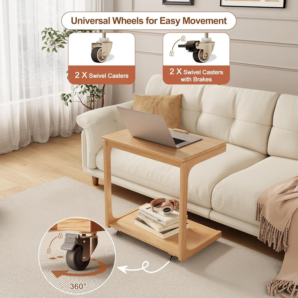 AQIMUELE Wooden C-Shaped End Table,Couch Table with Adjustable Desktop,Small Rolling Side Table with 2 Lockable Wheels 23.6" Width,Small End Table for Couch, Living Room,Bedroom (Natural)