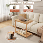 AQIMUELE Wooden C-Shaped End Table,Couch Table with Adjustable Desktop,Small Rolling Side Table with 2 Lockable Wheels 23.6" Width,Small End Table for Couch, Living Room,Bedroom (Natural)