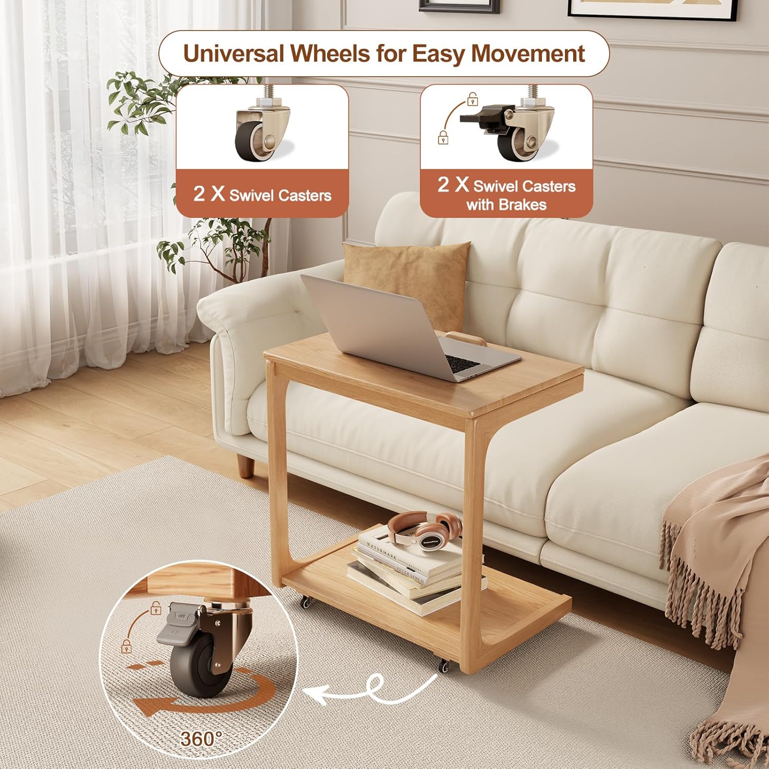 AQIMUELE Wooden C-Shaped End Table,Couch Table with Adjustable Desktop,Small Rolling Side Table with 2 Lockable Wheels 23.6" Width,Small End Table for Couch, Living Room,Bedroom (Natural)
