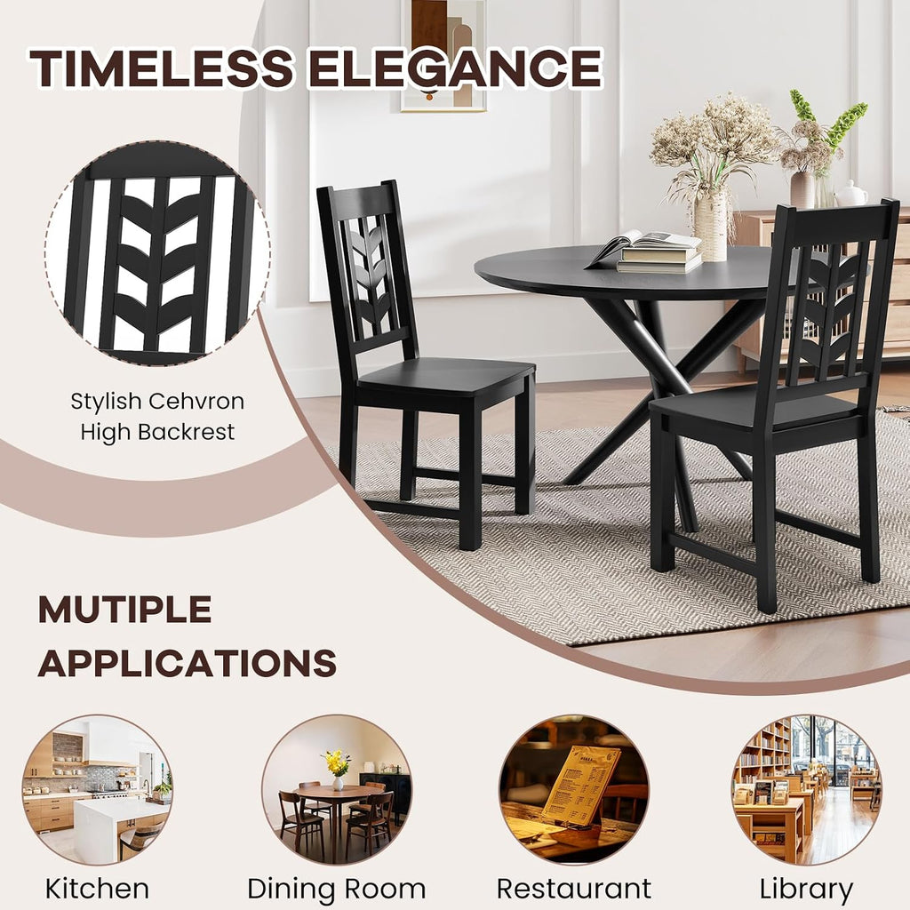 NAFORT Wood Dining Chairs Set of 6, Black Kitchen Chairs, Solid Rubber Wood Chair with Non-Slip Foot Pads, Max Load of 430 Lbs, Farmhouse Seat High Chevron Back Dining Room Chairs