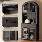 Arched Kitchen Pantry Storage Cabinet, Black Wooden Coffee Bar Cabinet with Drawers, Kitchen Hutch Dining Room Storage Cabinet with Charging Station and LED Light, Kitchen Hutch with Countertop
