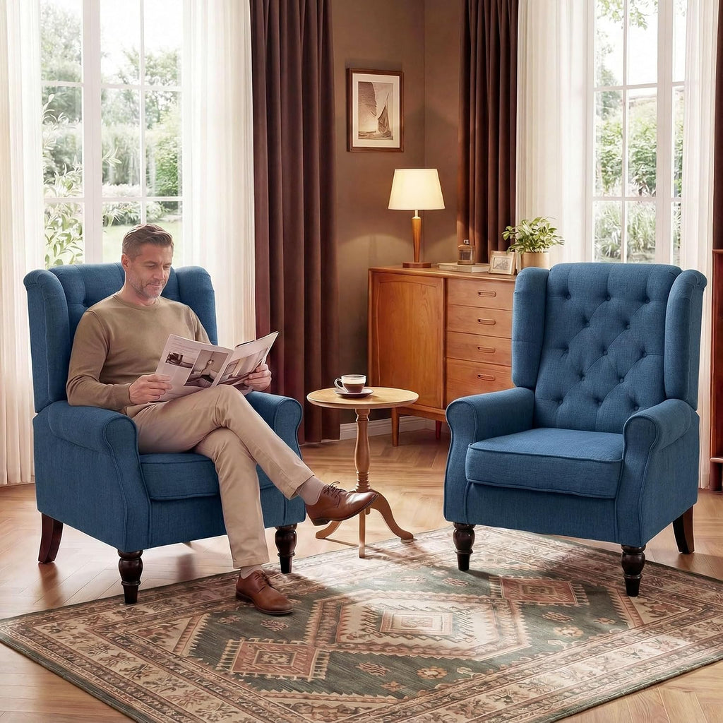 HOMCOM Mid-Century Modern Accent Chair, High Wingback Reading Chair, Blue | Button-Tufted, Upholstered Fabric, Retro Wood Legs, Apartment, Living Room, Bedroom