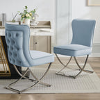 WUTUTUEE Luxury Velvet Dining Chairs, Tufted Upholstered Armless Accent Chairs with Silver Metal X-Legs, Modern Glam Dining Room Chair Set of 2, Light Blue