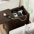 iPormis End Table with Charging Station, Narrow Side Table for Living Room, Farmhouse Night Stand with Storage Cabinet, Wood Bedside Table for Bedroom Small Space, Walnut