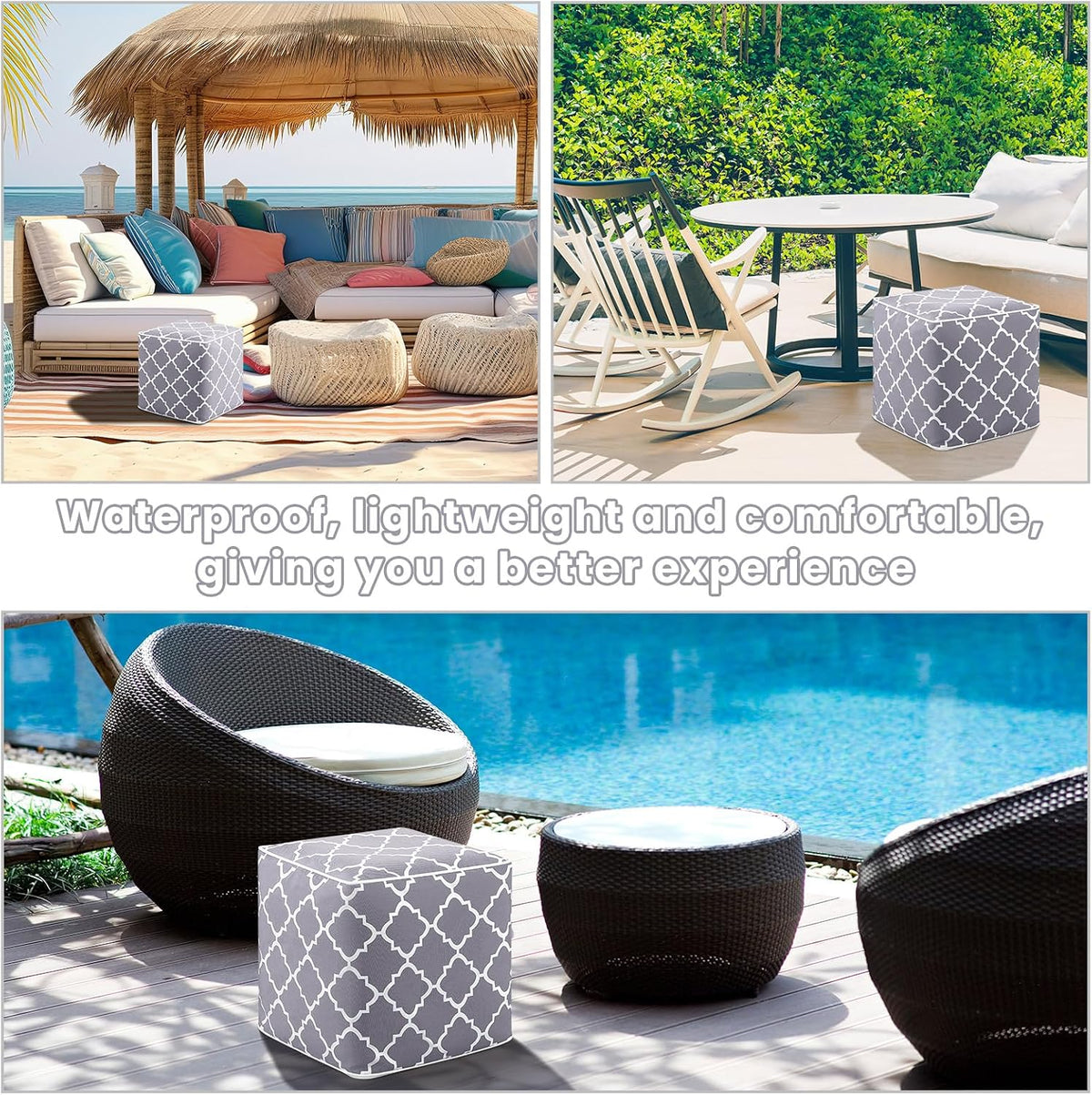 Juexica 2 Pack Inflatable Outdoor Ottoman Pouf Waterproof Cube 16" Square Blow up Ottoman Footrest with Handle Outdoor Portable Footstool for Patio Garden Camping or Home Pool(Classic,Grey)