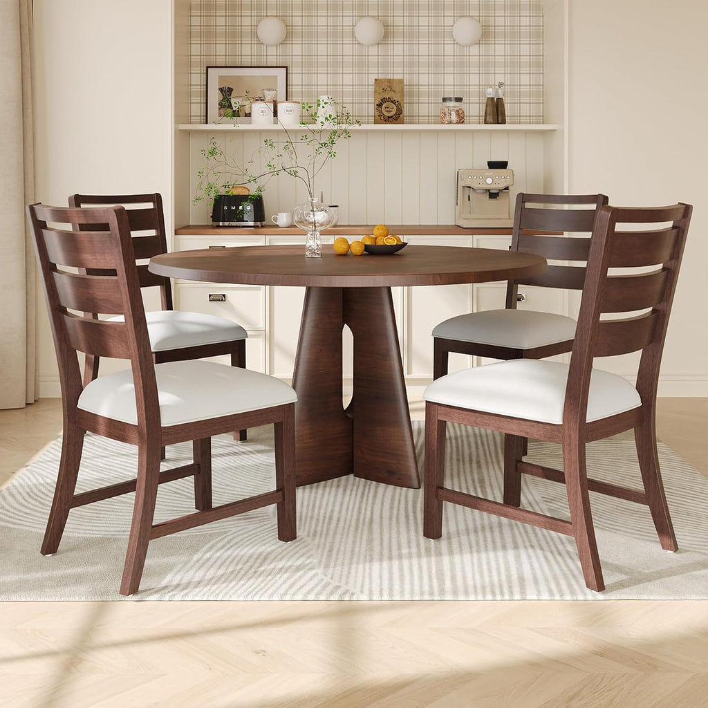 COLAMY Wooden Dining Chairs Set of 4, Farmhouse Upholstered Dining Room Chairs with 3.5" Thick Cushion, FSC Solid Wood Ladder Back Kitchen Chairs for Home and Restaurant, Easy Clean,Brown