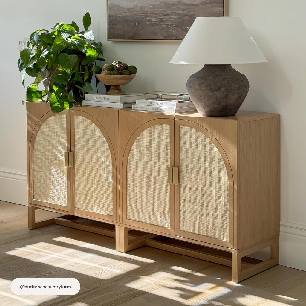 Nathan James Paxton Mid-Century Modern Wood Storage Cabinet with Doors, Arched Storage Cabinet for Living Room or Kitchen with Rattan Door Details, Raw Oak