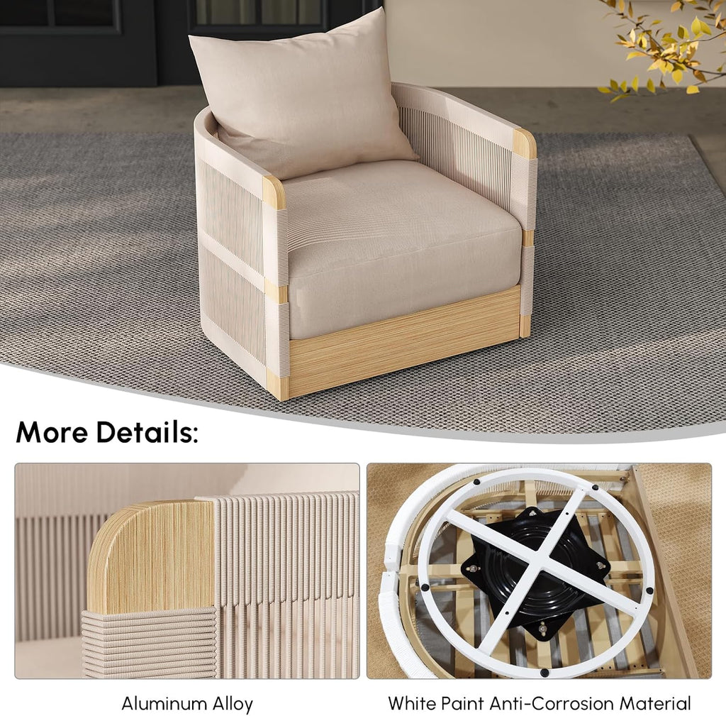 homary Patio Rattan 360° Swivel Chair Pieces of 2, Outdoor Wicker Furniture with Thickened Rainproof Cushion and Aluminum Frame for Garden, Balcony, Indoor, Khaki