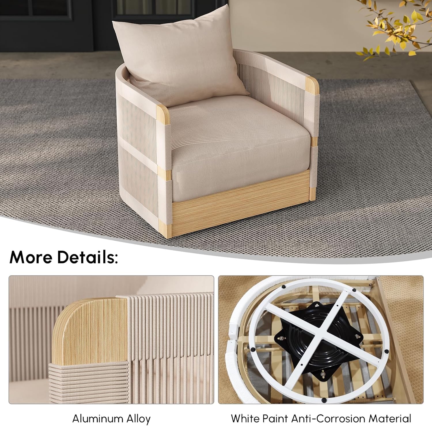 homary Patio Rattan 360° Swivel Chair Pieces of 2, Outdoor Wicker Furniture with Thickened Rainproof Cushion and Aluminum Frame for Garden, Balcony, Indoor, Khaki
