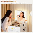 Small Makeup Vanity Desk with Flip up Mirror and Lights(White) | 3 in 1 Vanity Table with Charging Station,Glass Top,3 Drawers,Compact Dressing Table with Wheel Storage Stool for Bedroom