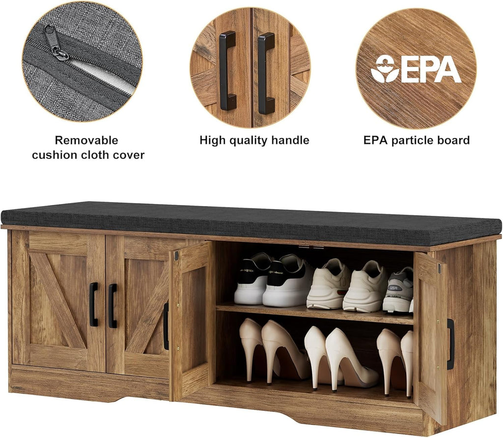 HOMSHO Farmhouse Shoe Storage Bench with 4 Barn Doors & Padded Seat Cushion | 47.2" Wide Entryway Bench with Adjustable Shelves & Hidden Storage, Rustic Walnut