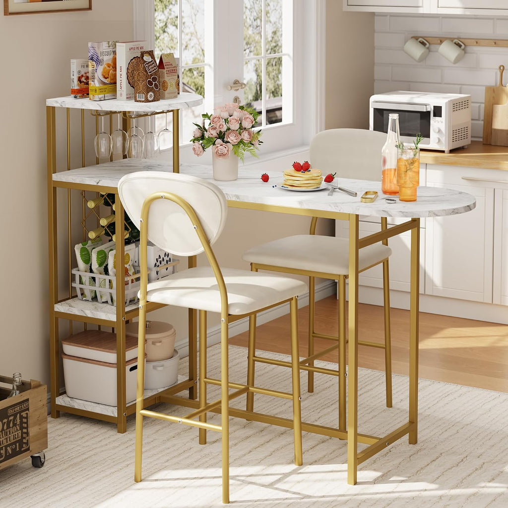 Garvee Dining Table Set for 2, 3-Piece Expandable Bar Table and Chairs Set | Bar Table and Chairs Set with Storage Shelves and Wine Rack, Small Kitchen Dining Set for Living Room, Apartment