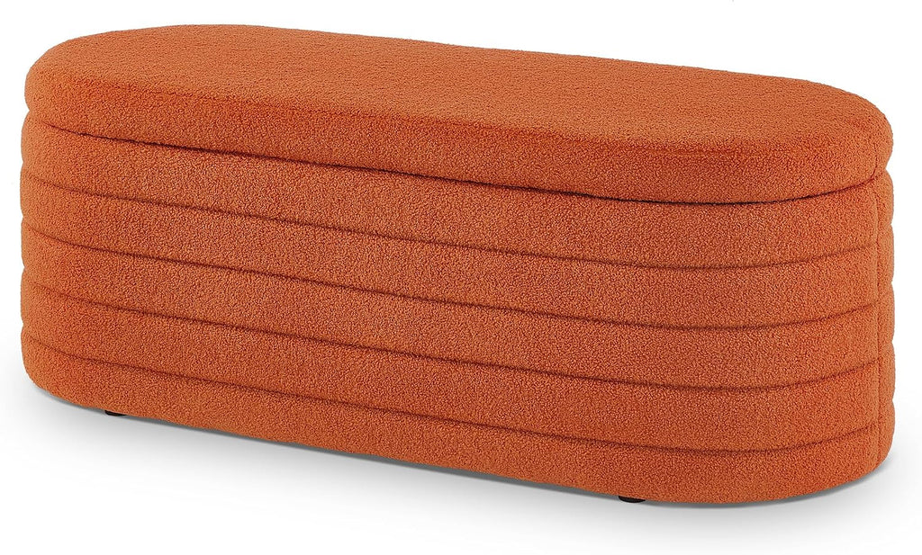 extrasleep Modern 43" Oval Storage Ottoman Bench with Safety Hinge, Upholstered Teddy Fabric End of Bed Bench with Hidden Storage, Comfy Foot Rest for Bedroom Living Room, Entryway Bench, Orange