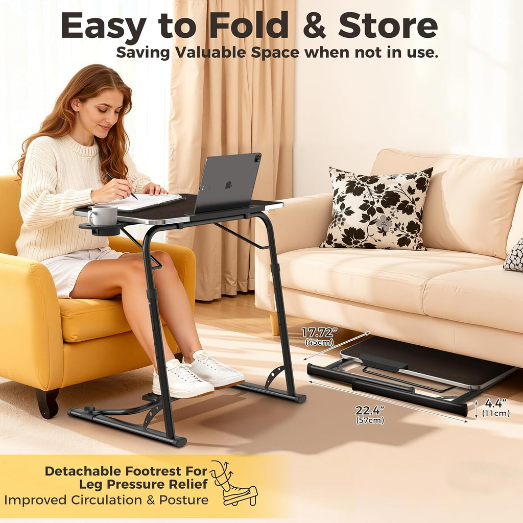 FoldWise Upgraded Folding TV Tray Table, Sturdy Couch & Dinner Laptop Table | Adjustable Height & Angle Portable Desk for Eating, Work & Recliner; Includes Footrest, Cup Holder, iPad Holder, Edge Stopper