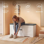 Apicizon Shoe Storage Bench, 2 Tier Entryway Bench with Padded Seat Cushion, 2 Barn Doors, Adjustable Shelves, 39.37" Shoe Bench with Storage for Entrance Hallway Bedroom Living Room, Beige White