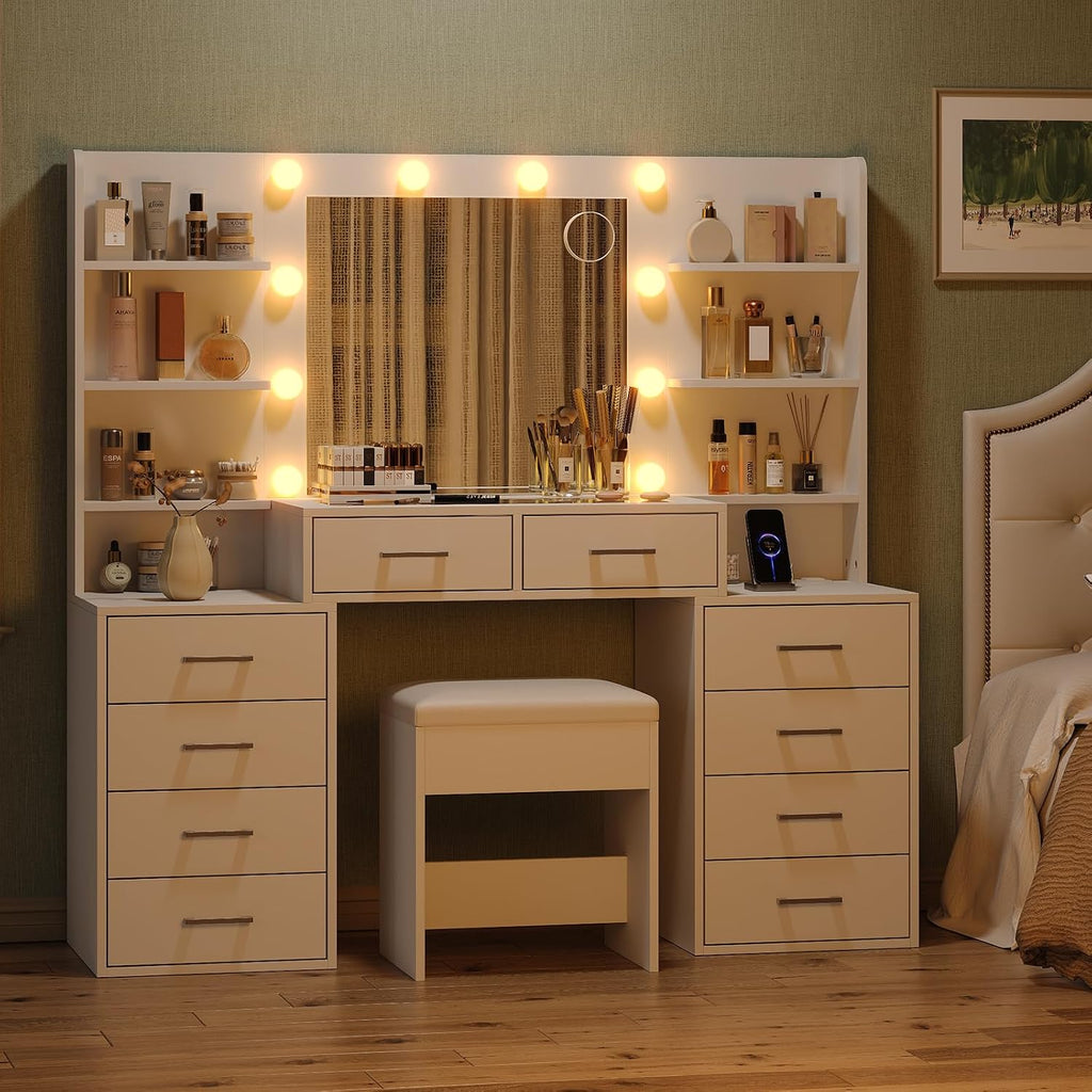 Yanosaku 55'' W Makeup Vanity with Mirror & Lights, 10 Drawers Vanity Desk with Charging Station, 6 Open Shelves, 3 Lighting Modes Brightness Adjustable, Glass Top Vanity with Chair for Bedroom, White