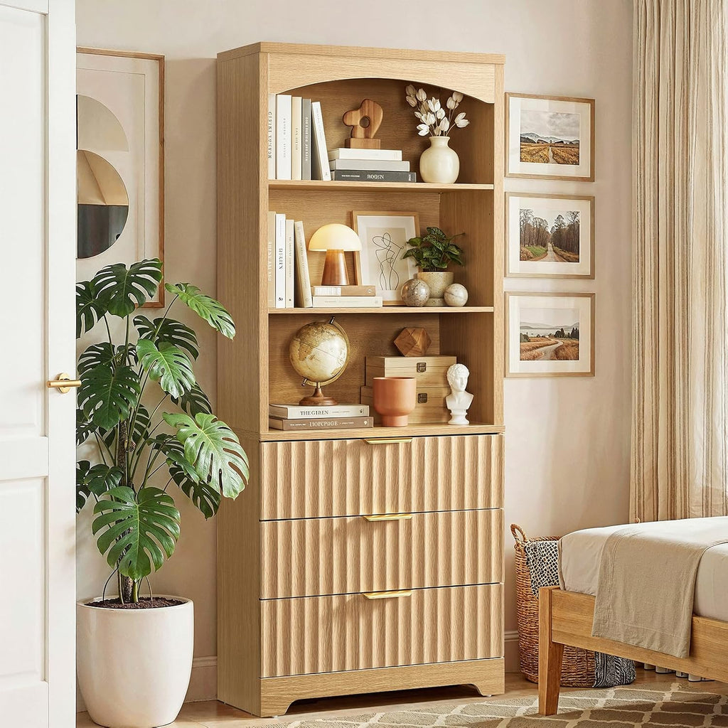 TEENFON 63.3" Tall Bookshelf, Bookshelves and Bookcases with Drawers, Arched Design Bookcase with Storage Cabinet, Natural Wood Grain Wave Pattern Storage Shelves for Living Room, Bedroom,Office