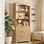 TEENFON 63.3" Tall Bookshelf, Bookshelves and Bookcases with Drawers, Arched Design Bookcase with Storage Cabinet, Natural Wood Grain Wave Pattern Storage Shelves for Living Room, Bedroom,Office