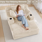 50" x 68" Corduroy Chaise Lounge, Cup Holders, Beige | Oversized corduroy chaise with a deep sleeper seat, built-in cup holders, and 3 pillows for reading, lounging, or naps.