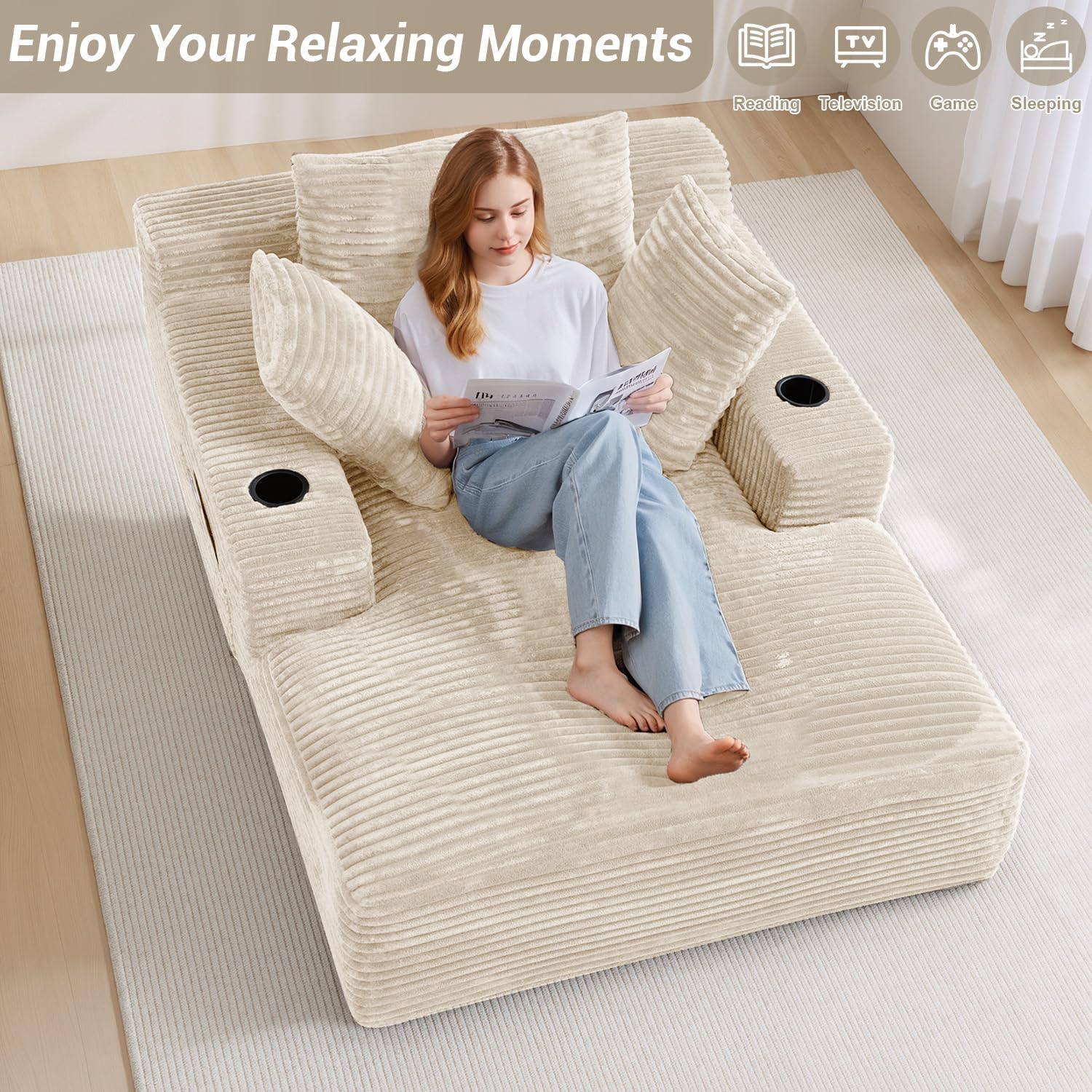 50" x 68" Corduroy Chaise Lounge, Cup Holders, Beige | Oversized corduroy chaise with a deep sleeper seat, built-in cup holders, and 3 pillows for reading, lounging, or naps.