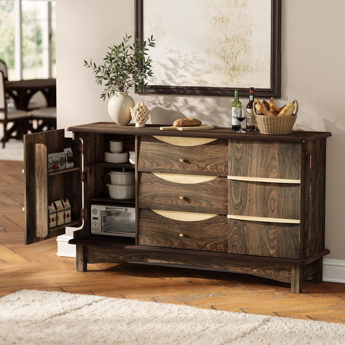 STO'SENSE Buffet Cabinet with Stroage, Large Sideboard Buffet Cabinet w/ 3 Drawers, Solid Wood Handle, Modern Coffee Bar Station w/ 2 Doors, Concealed Storage Shelves & Sliding Tray (Walnut)