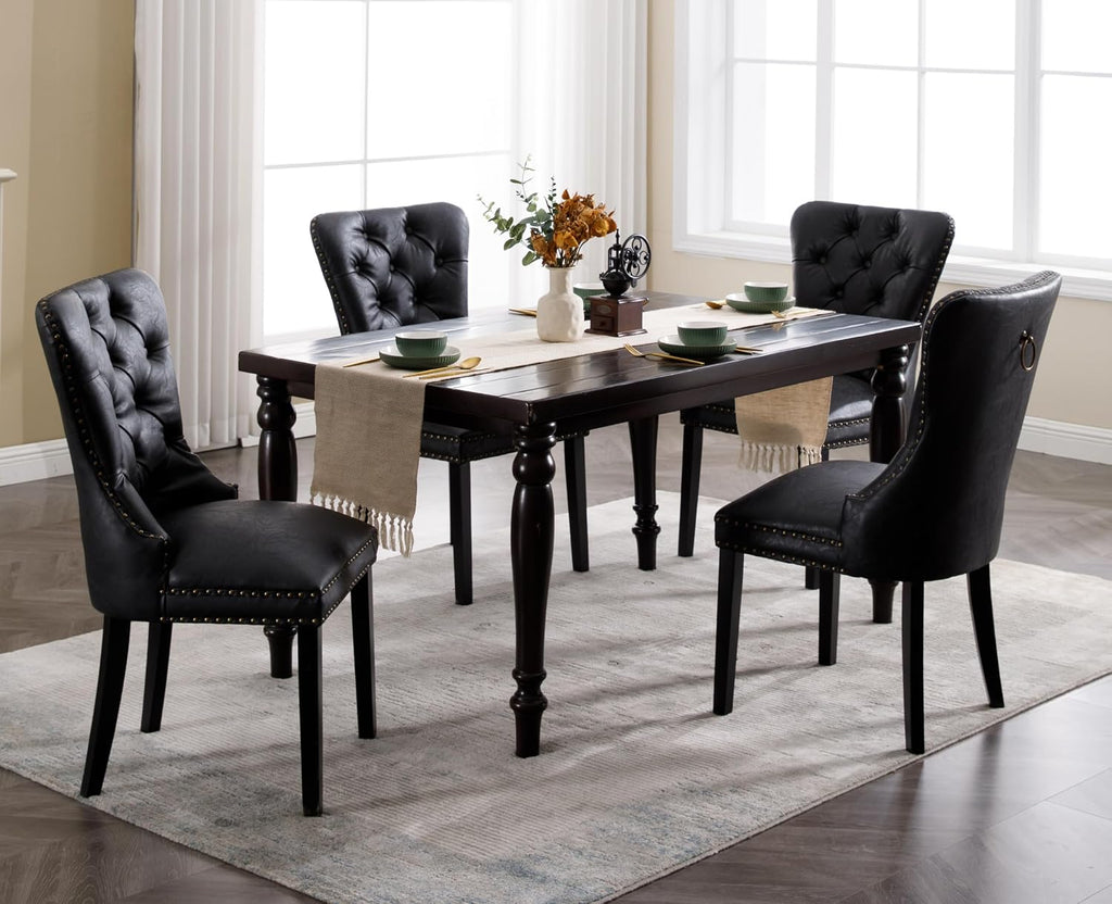 EALSON Modern Black Dining Chairs Set of 8 Mid Century Leather Dining Room Chairs with Wood Legs Tufted Upholstered Kitchen Side Chairs with Nail Head Trim for Dining Room/Living Room, Back with Ring