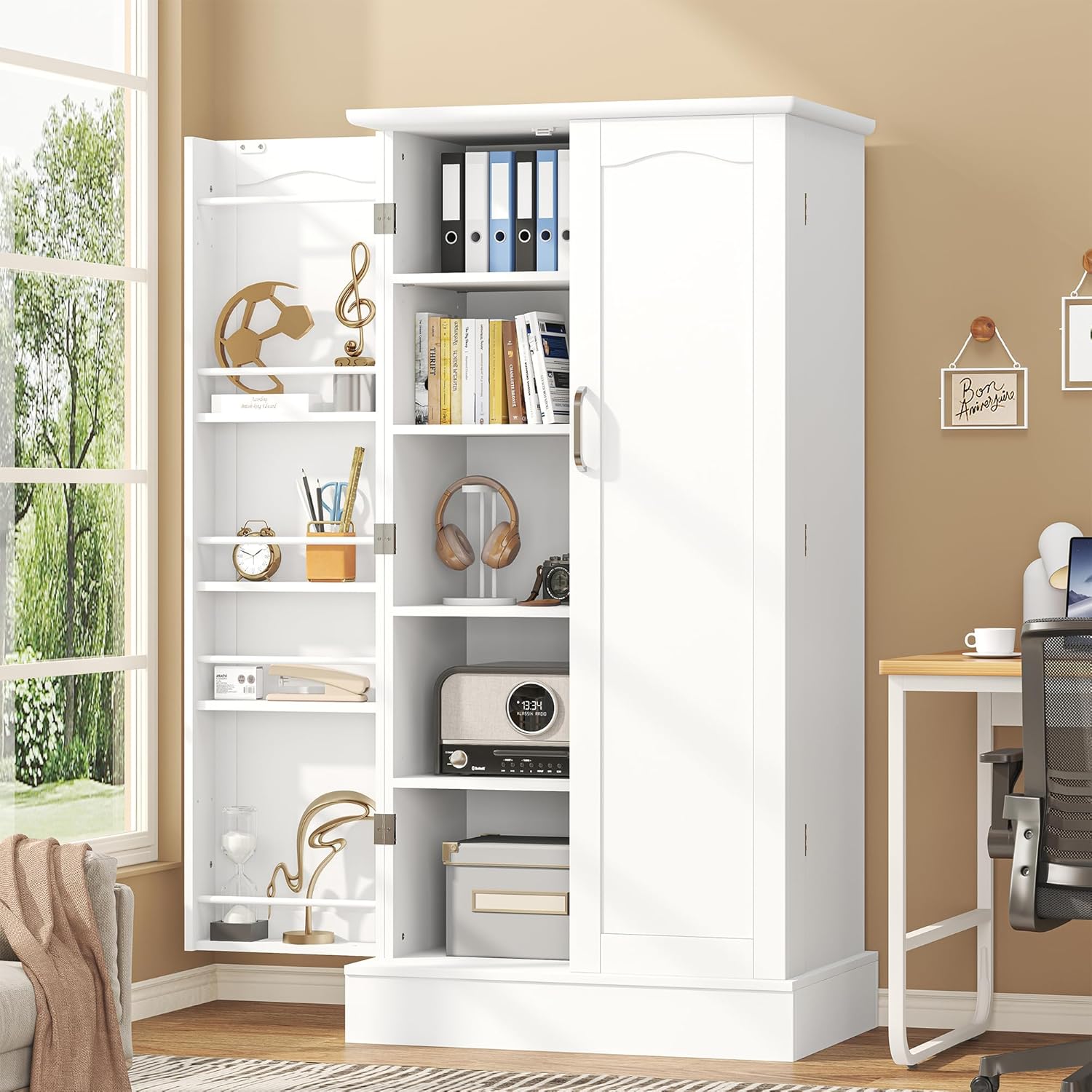kepptory 47” Pantry Cabinet, Kitchen Pantry Storage Cabinet with Doors and Adjustable Shelves,Freestanding Buffet Cupboards Sideboard for Living Room and Dinning Room (White)