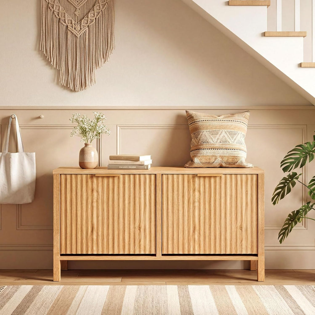 Giantex Shoe Storage Bench with 2 Flip Drawers, Wooden Entryway Bench with Storage, Fluted Doors, Adjustable Shelves, Hidden Shoe Cabinet for Entry Way, Hallway, Foyer, Living Room (Natural+Gold)