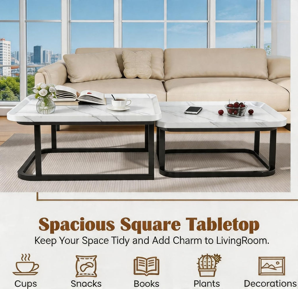 Set of 2 Nesting Coffee Tables, Space‑Saving Square Side Table Set, White | Stackable Design, Mid‑Century Modern Style, Multi‑Scene Usage, Ideal For Living Room, Bedroom And Balcony Decor