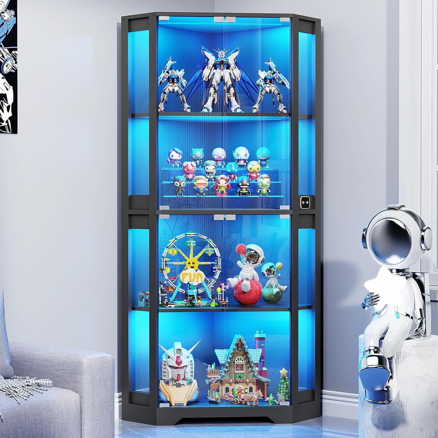 BROTTAR Lighted Corner Display Cabinet with Glass Doors for Collectibles