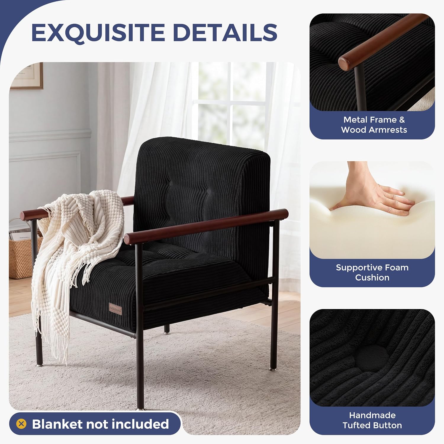 MAXYOYO Accent Chair, Modern Living Room Chair with Metal Frame | Upholstered Reading Chair with Support Cushion, Comfortable Seating for Living Rooms, Bedrooms, Balconies or Porches, Black