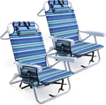 Yestomo Beach Chairs for Adults Heavy Duty, Compact Portable Lay Flat Folding Chair with Backpack Straps and Large Cooler Pouch, Support to 350LBS (2 Pack Stripes_Blue&Cyan)