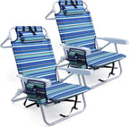 Yestomo Beach Chairs for Adults Heavy Duty, Compact Portable Lay Flat Folding Chair with Backpack Straps and Large Cooler Pouch, Support to 350LBS (2 Pack Stripes_Blue&Cyan)