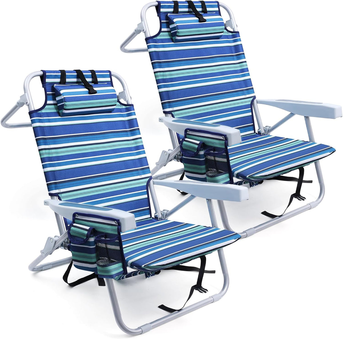 Yestomo Beach Chairs for Adults Heavy Duty, Compact Portable Lay Flat Folding Chair with Backpack Straps and Large Cooler Pouch, Support to 350LBS (2 Pack Stripes_Blue&Cyan)