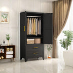 pozdeg 71" Metal Armoire Wardrobe Closet, Tall Clothing Storage Cabinet with Hanging Rods and 2 Drawers, Household Closet Organizers with Adjustable Shelves for Home Office or Gym (Armoire-Black)