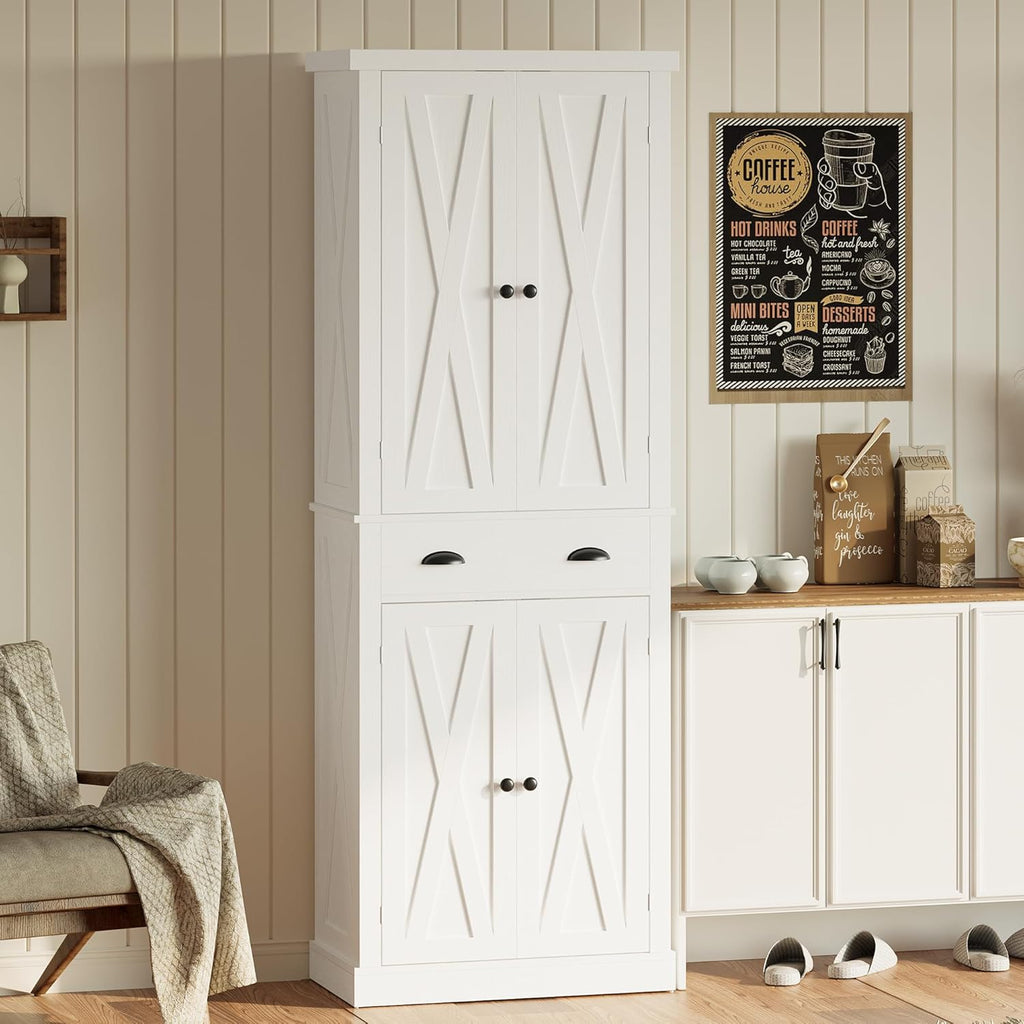IRONCK Kitchen Pantry Storage Cabinet 72.6" H x 24" W, White | Freestanding Storage Cabinet with Barn Doors, Drawer, 4 Adjustable Shelves, Tall Snack Food Cabinet for Dining Room