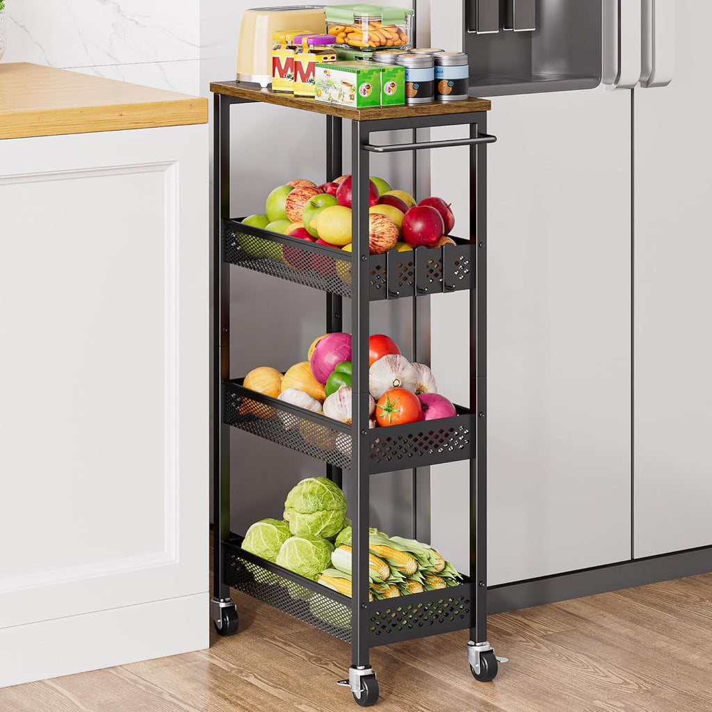 XYZLVSI Slim Rolling Storage Cart, 4 Tier Small Bathroom Cart Organizer | 9.1" W narrow storage cabinet with wooden top and metal handle, ideal for kitchen/dorm, between washer and dryer storage