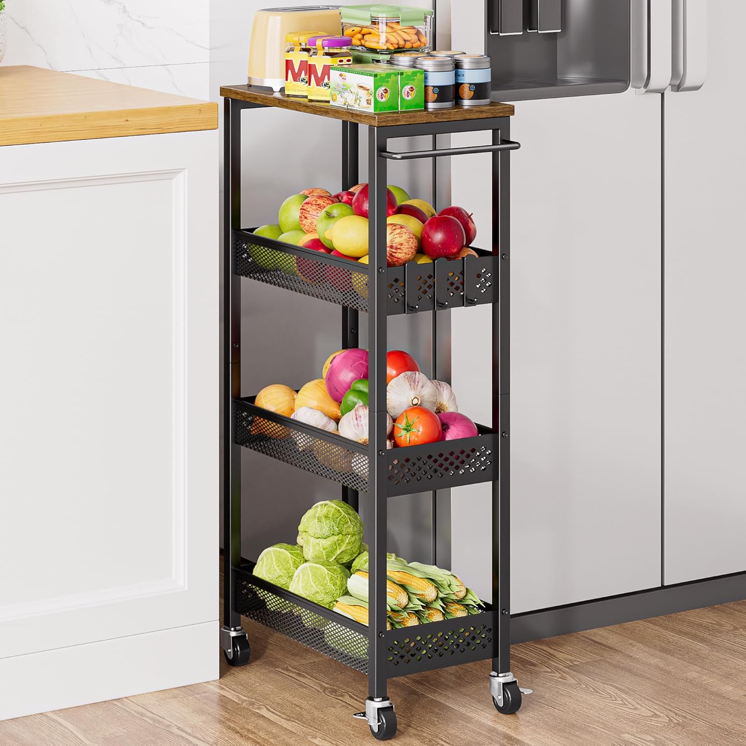 XYZLVSI Slim Rolling Storage Cart, 4 Tier Small Bathroom Cart Organizer | 9.1" W narrow storage cabinet with wooden top and metal handle, ideal for kitchen/dorm, between washer and dryer storage