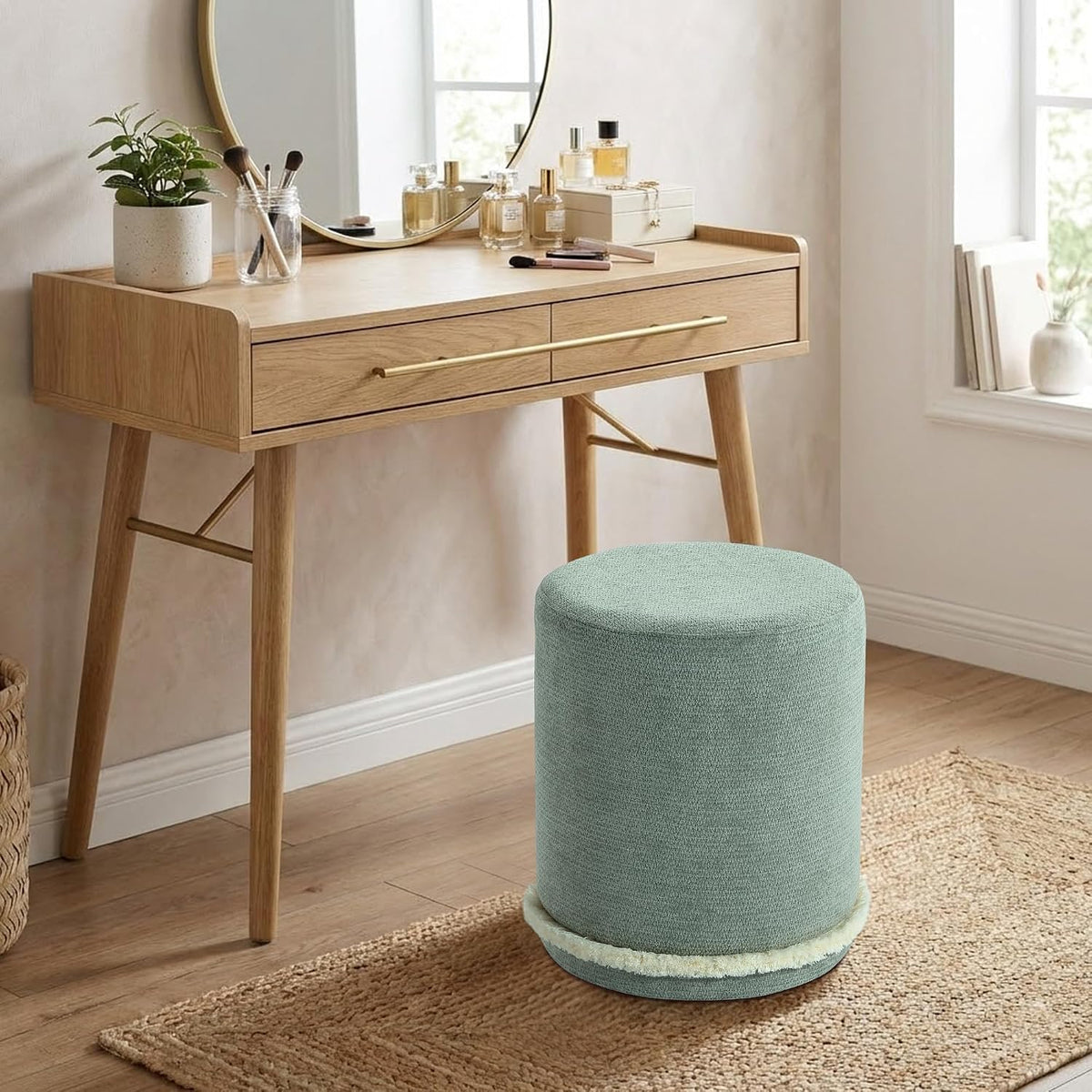 Get Set Style Modern Round Ottoman with Soft Padded Seat, Multifunctional Vanity Chairs for Makeup, Upholstered Footrest Stool Ottoman Foot Stool for Living Room, Bedroom