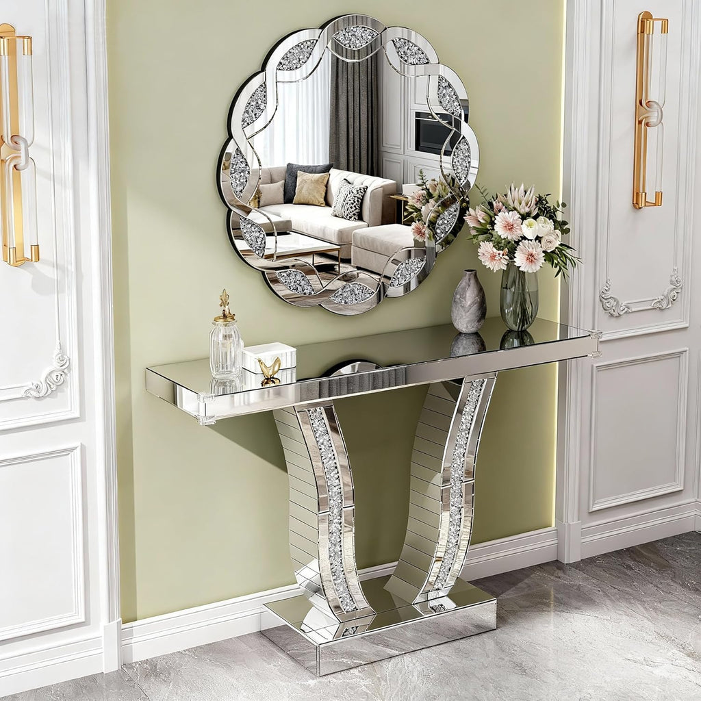 43.3'' Mirrored Console Table Silver Mirrored Entryway Sofa Table for Living Room Office, Curved Design Crystal Accent, Modern Entryway Console Desk for Hallway Entrance, 43''x12'' Glass Top