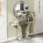 43.3'' Mirrored Console Table Silver Mirrored Entryway Sofa Table for Living Room Office, Curved Design Crystal Accent, Modern Entryway Console Desk for Hallway Entrance, 43''x12'' Glass Top