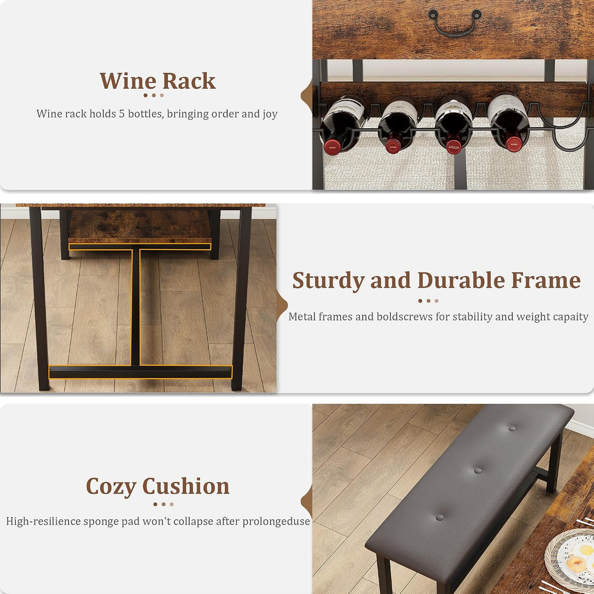 CABIHOME Dining Table Set for 4, Dining Room Table with Storage Drawers & Wine Rack, Kitchen Dining Table Set with Upholstered Benches for Dining Room-Retro Brown