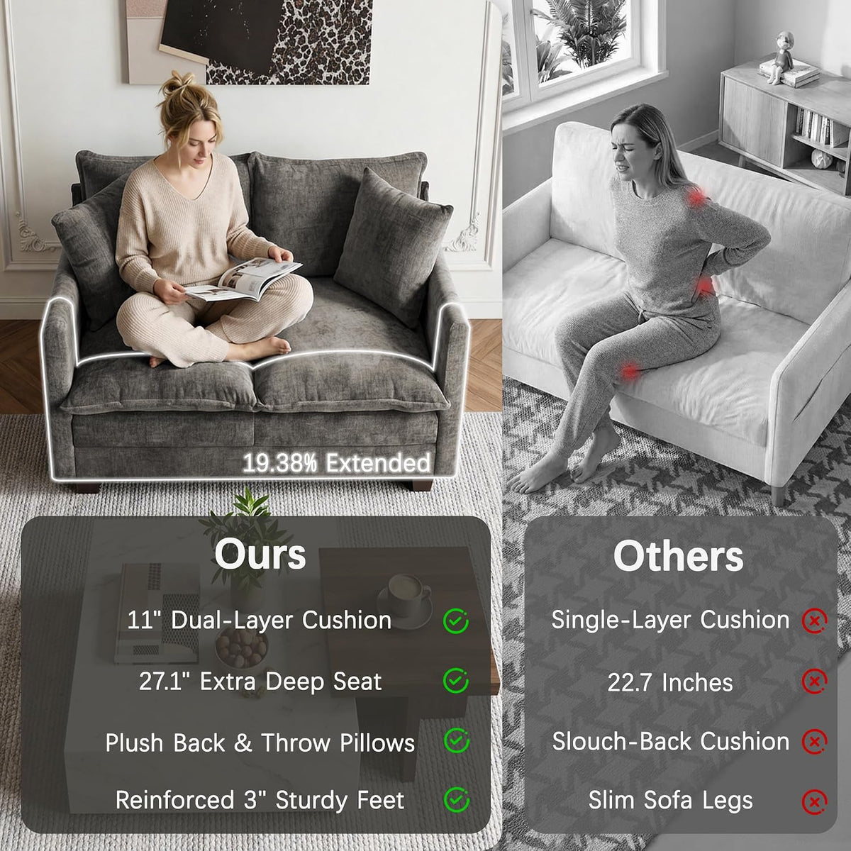 52'' Loveseat Sofa with Ottoman,Cloud Sofa Couch for Living Room | 27" Deep Seat & 2 Pillows, Modern Comfy Chenille Small Couch for Small Spaces, Apartment, Studio, Bedroom, Living Room