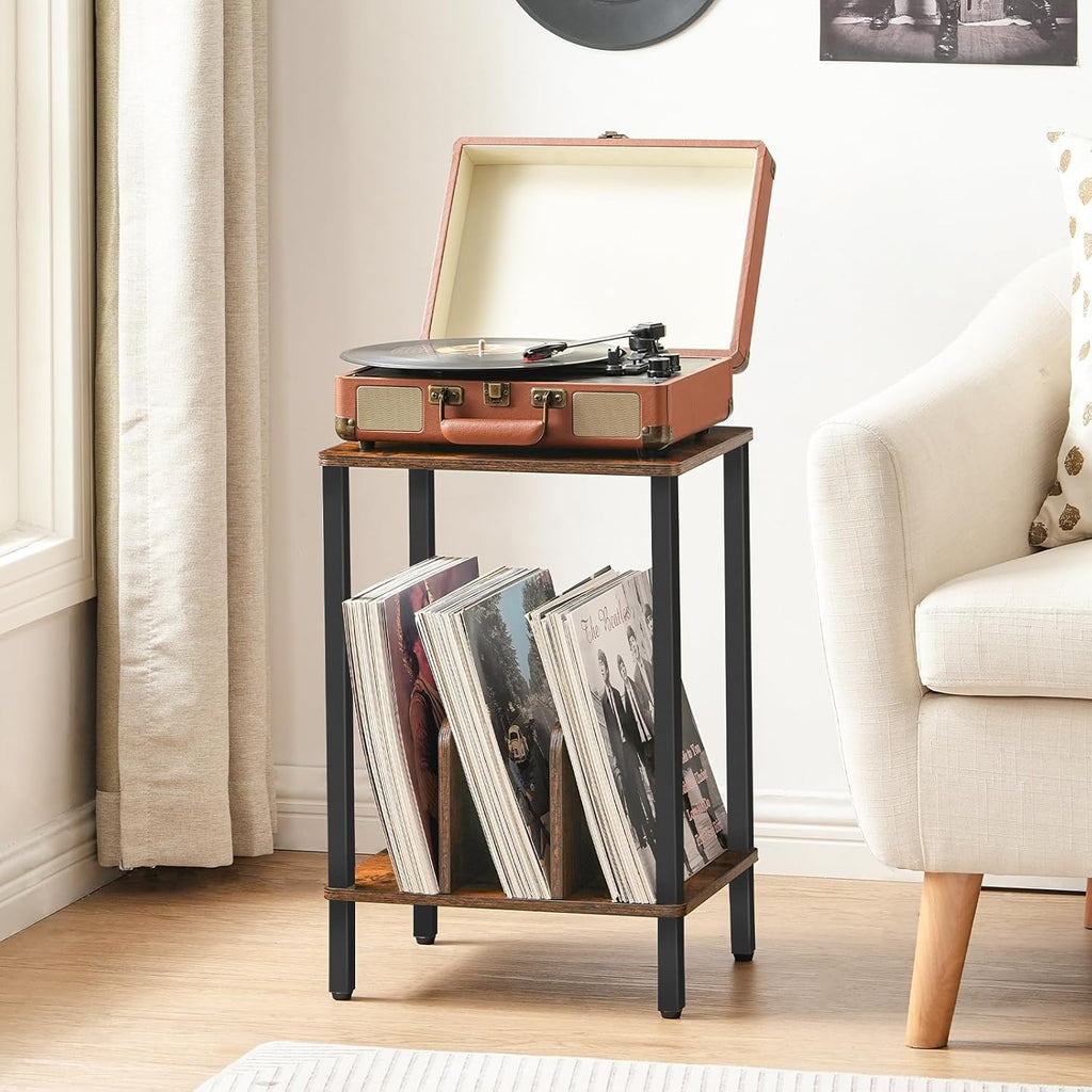 HOOBRO Small End Table, 2-Tier Record Player Stand Vinyl Record Turntable Stand with Storage up to 100 Albums, Small Side Table for Living Room, Bedroom Rustic Brown, FG05RS01