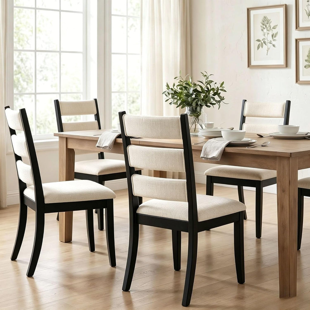 Dining Chairs Set of 2 Farmhouse Kitchen Chairs with Upholstered Cushion Back and Seat Ladder Back Side Chairs for Dining Room Living Room Restaurant(Black Frame, Chenille Beige)