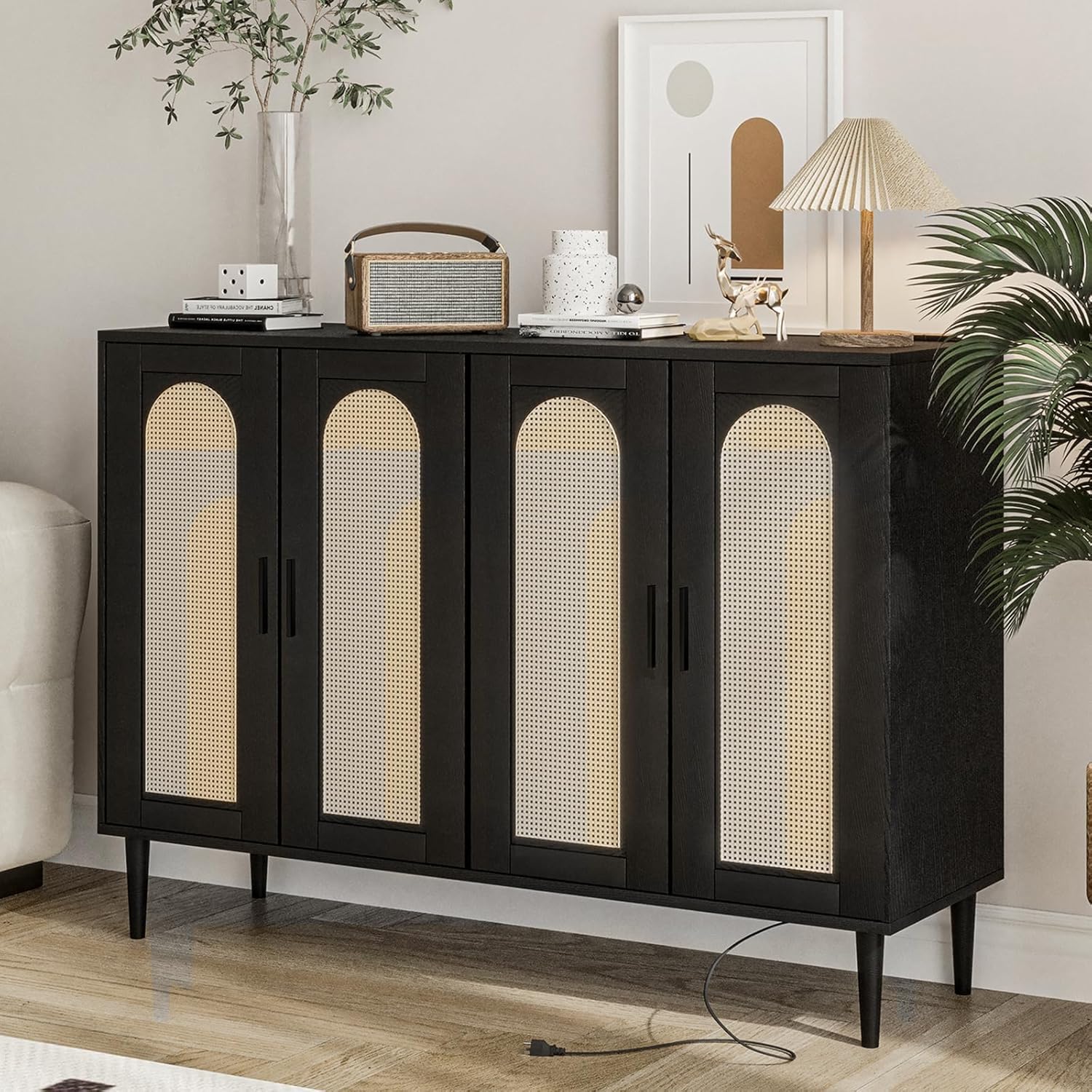 Patikuin Rattan Sideboard Buffet Cabinet, Boho Accent Storage Cabinet, 4 Doors Console Table Coffee Bar with Power Outlet, Adjustable Shelves for Kitchen, Dining Room, Hallway, Living Room (Black_2)