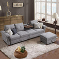 108'' Convertible Sectional Sofa with Storage, 4 Seat L Shaped Couch with Chaise and Cup Holder, Modern Microfiber Fabric Sofas Couches for Living Room, Light Grey